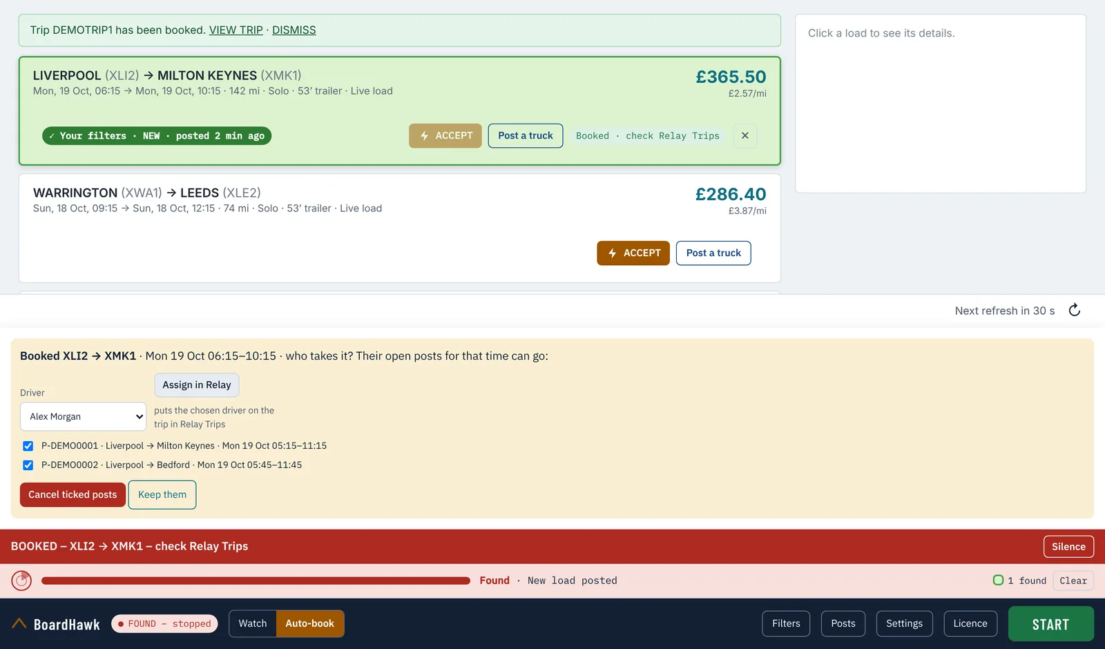 After a booking: BoardHawk asks who takes the load, offers Assign in Relay for driver Alex Morgan, and lists two of his open posts for the same time with Cancel ticked posts and Keep them buttons