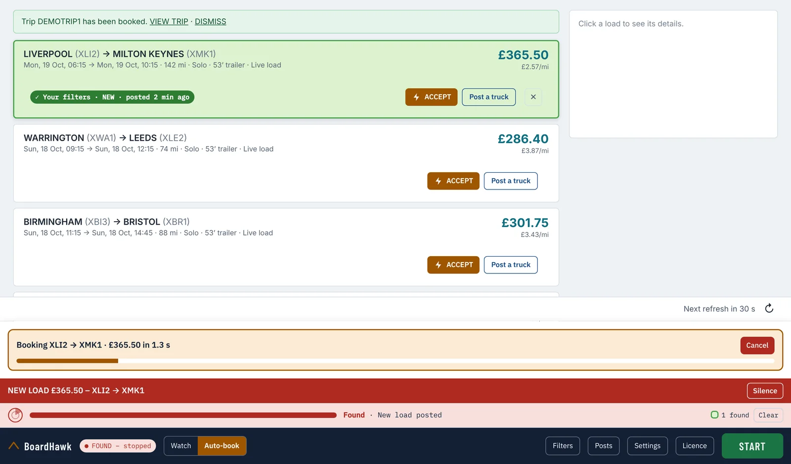 Auto-book on the demo board: 'Booking XLI2 to XMK1, £365.50 in 1.2 s' with a progress bar and a Cancel button