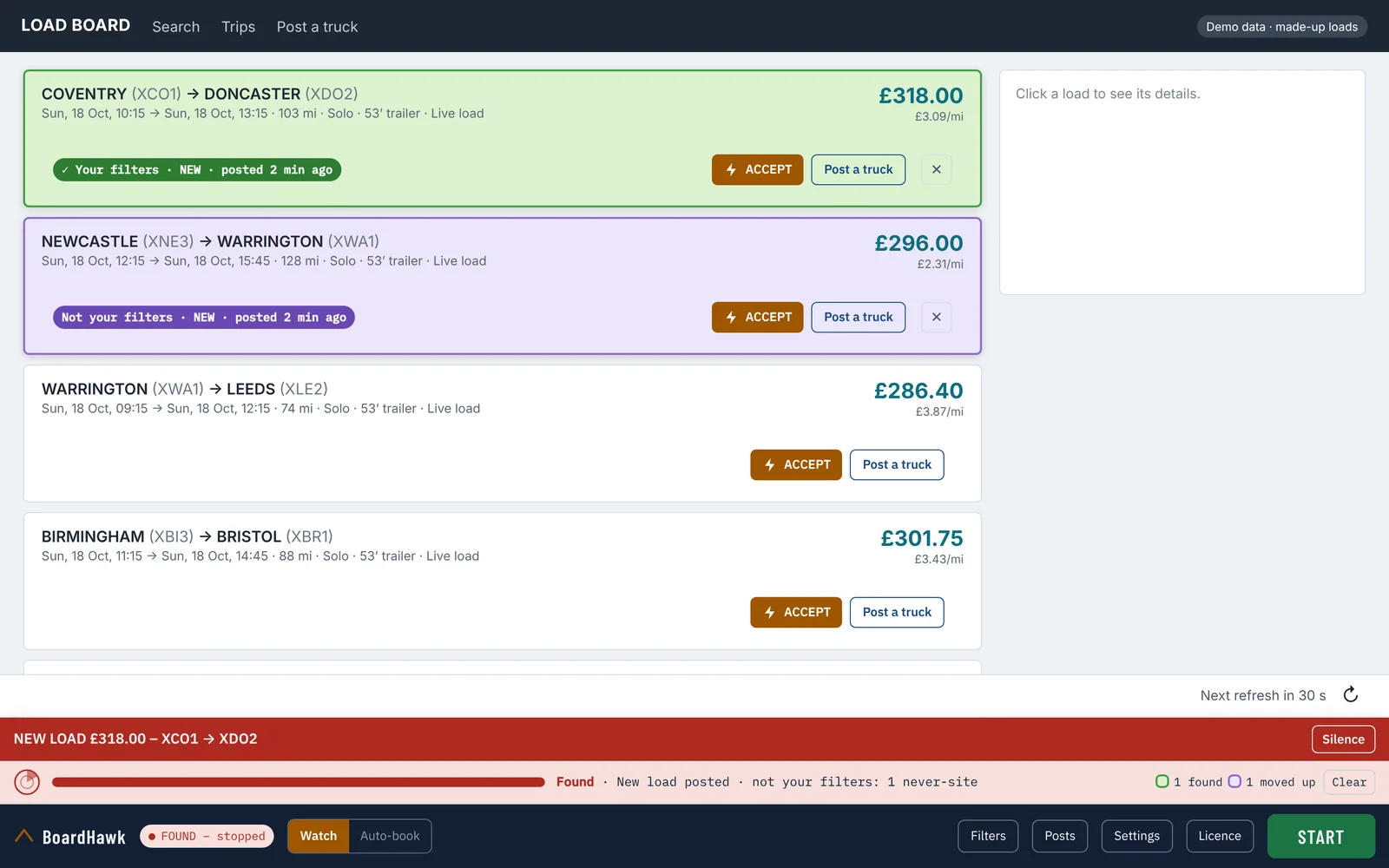 BoardHawk on a demo load board: a new Coventry to Doncaster load marked green as matching the filters, a Newcastle to Warrington load marked purple, each with ACCEPT and Post a truck buttons, and the BoardHawk bar at the bottom showing FOUND