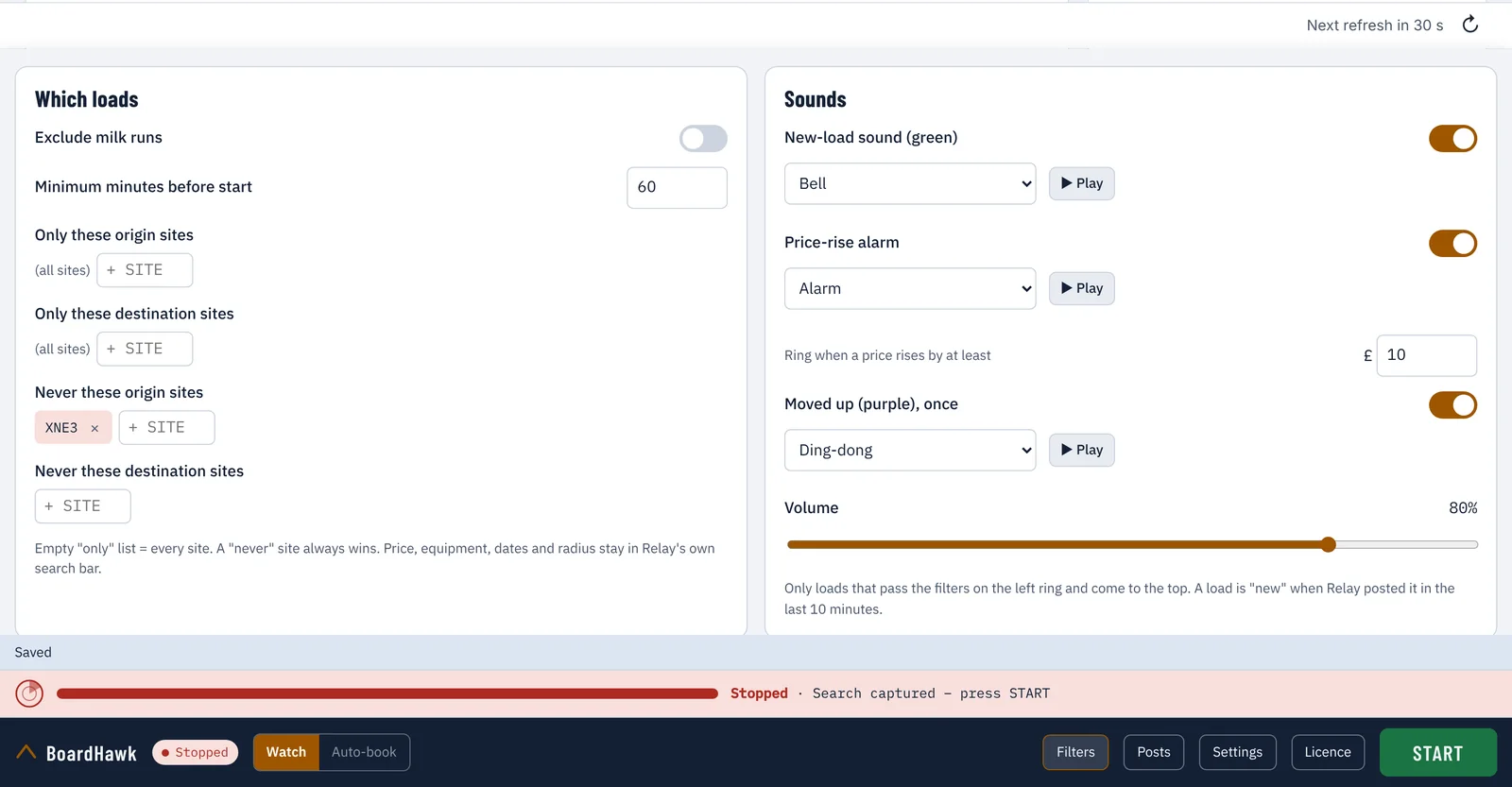 BoardHawk Filters: exclude milk runs, minimum minutes before start set to 60, only and never origin and destination site lists, and the sound settings